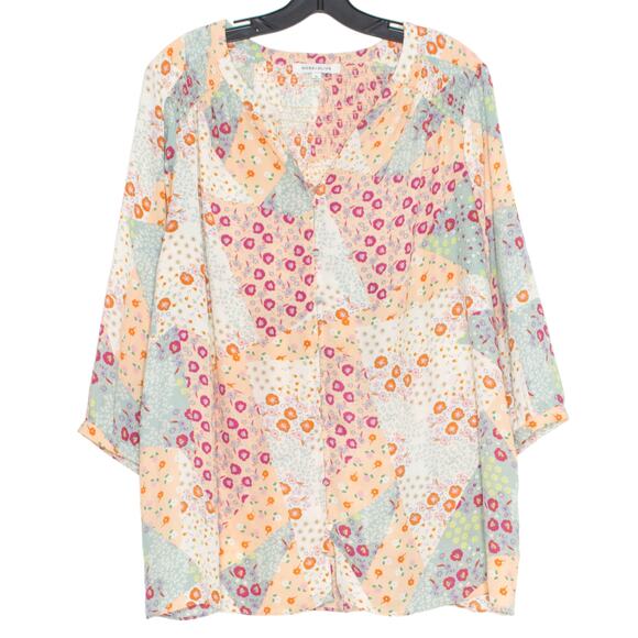 Rose + Olive Top 3/4 Sleeve Patchwork Whimsical Boho Feminine Floral Button 1X - Picture 1 of 7